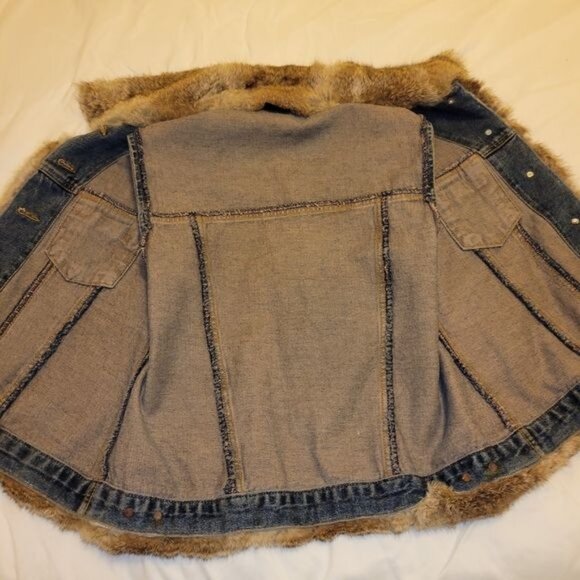 Denim Vest with Genuine Rabbit Fur Trim Beautiful and Soft Women's Size M - Picture 8 of 10